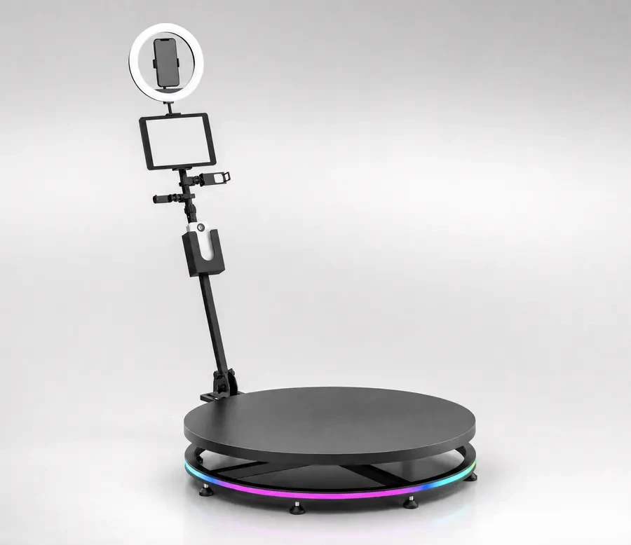 The 360 video booth — rotating camera arm, ring light and guest platform