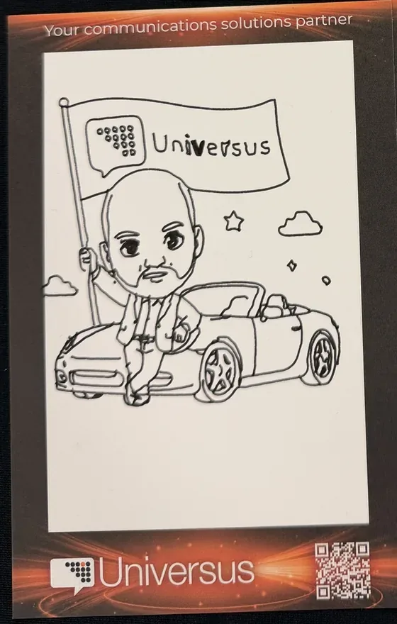 Draw Bot caricature card from ACE 2026: a guest holding a Universus flag beside a convertible, with the Universus logo and QR code