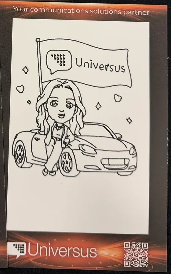 Live-drawn Draw Bot portrait card from the Universus booth at ACE 2026, a convertible and a Universus flag on every card