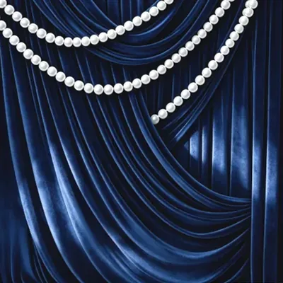 Navy Drapes and Pearls custom photo booth backdrop, design PB-C004
