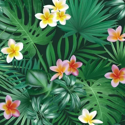 Tropical Flowers and Leaves custom photo booth backdrop, design PB-C042