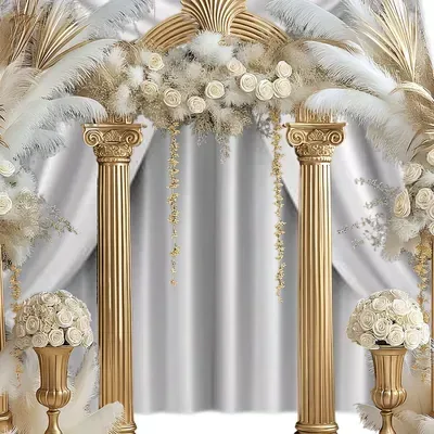 Ivory pampas archway custom photo booth backdrop with gold columns