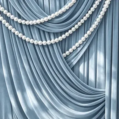 Dusty Blue Drapes and Pearls custom photo booth backdrop, design PB-C086