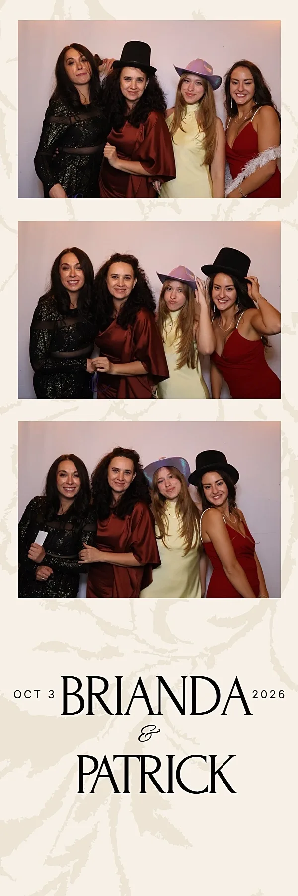 2×6 DSLR photo booth strip of four guests in hats and boas at a Baranga's on the Beach wedding in Burlington