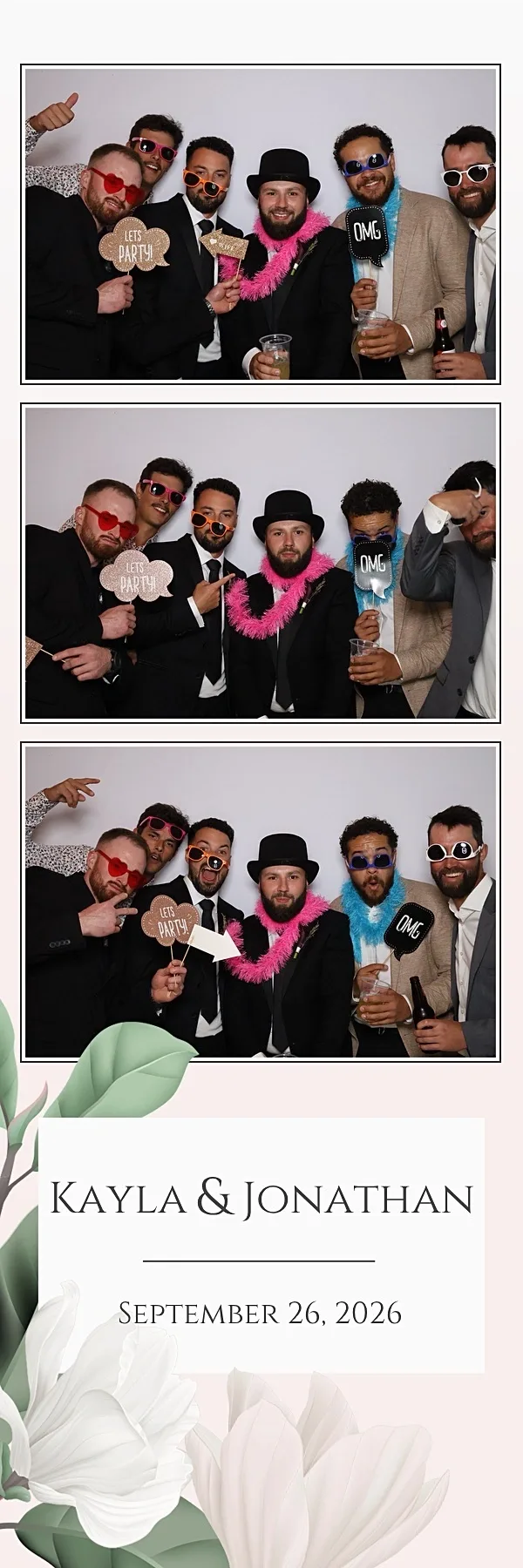 Groomsmen in boas and hats on a Bella Terra wedding photo strip