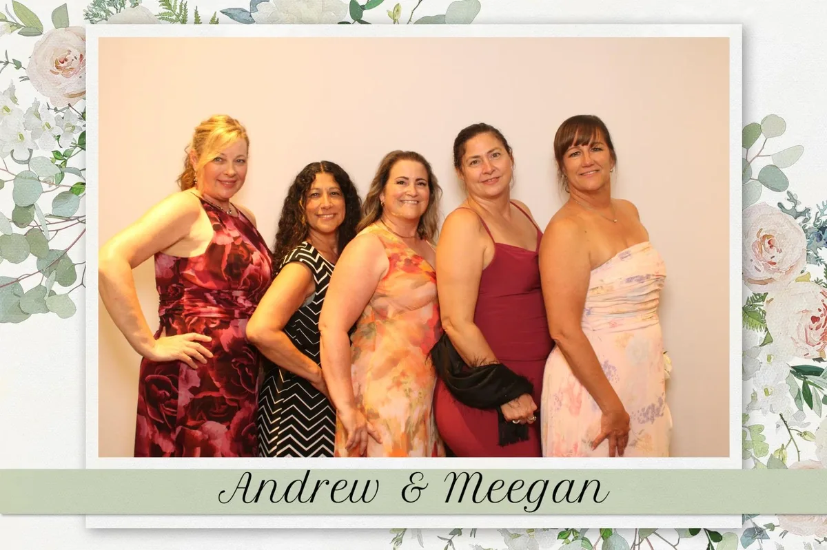Five wedding guests on a floral-bordered 4×6 print from the Pic Booth Magic Mirror at Amici's in Fonthill