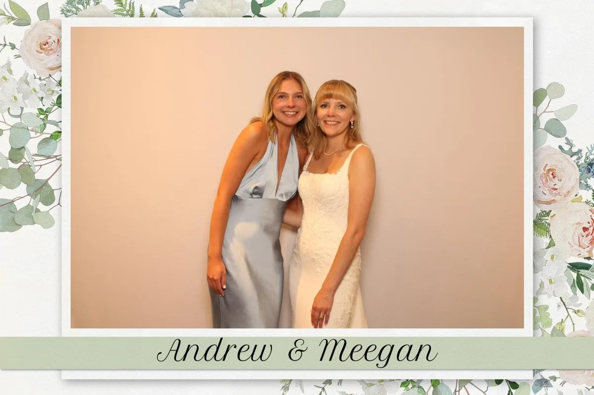 Two friends on a floral 4×6 Magic Mirror print at a wedding reception at Amici's in Fonthill