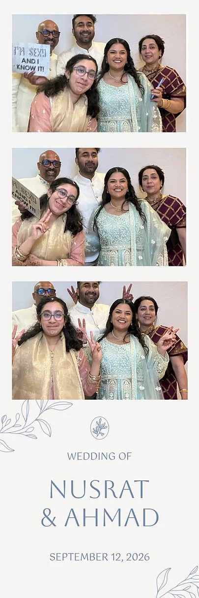 2×6 strip of family and friends with a sign prop from the self-serve photo booth at a Grand Victorian Convention Centre wedding, Mississauga
