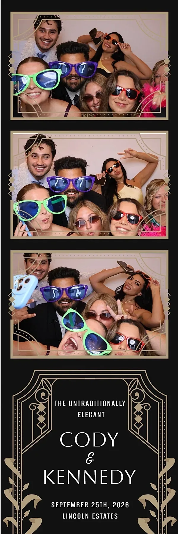 Black and gold 2×6 strip of guests in party glasses from a self-serve photo booth at Lincoln Estates in Lincoln, Ontario
