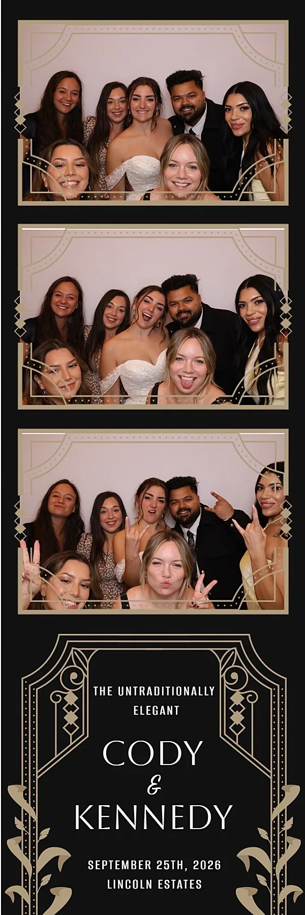 Art deco 2×6 strip of the wedding party from the self-serve photo booth at Lincoln Estates, Lincoln