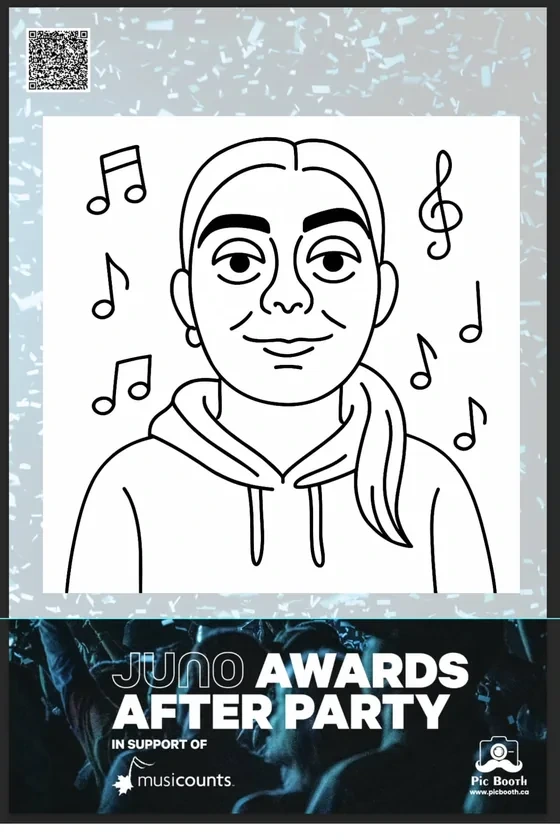Branded Draw Bot portrait print with music notes and official JUNO and MusiCounts branding