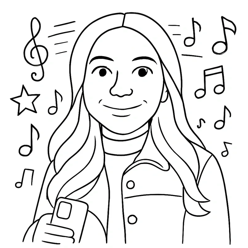 Draw Bot line portrait of a smiling guest holding her phone, surrounded by music notes, at the JUNO Awards After Party