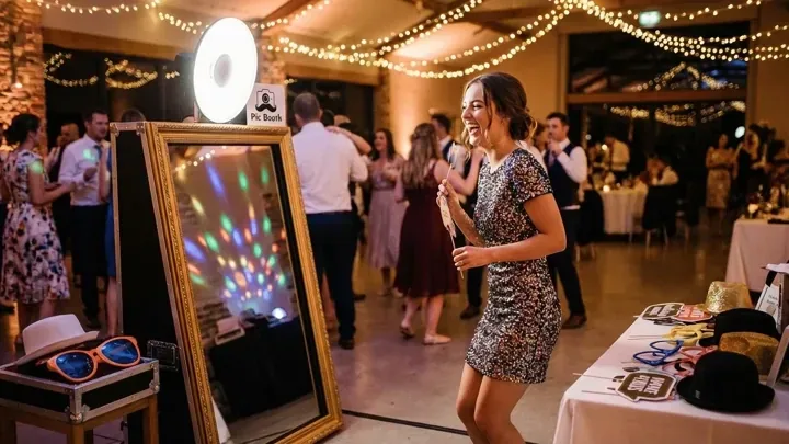 The gold-framed Magic Mirror photo booth beside its prop table at a Niagara wedding reception, string lights overhead and guests on the dance floor