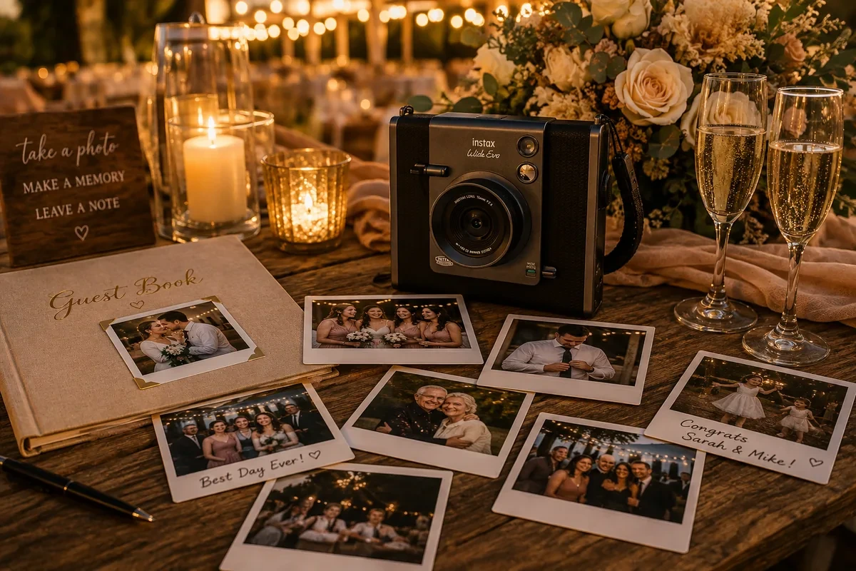 Signed Instax Wide prints spread across a wedding table beside the camera, a guest book and champagne