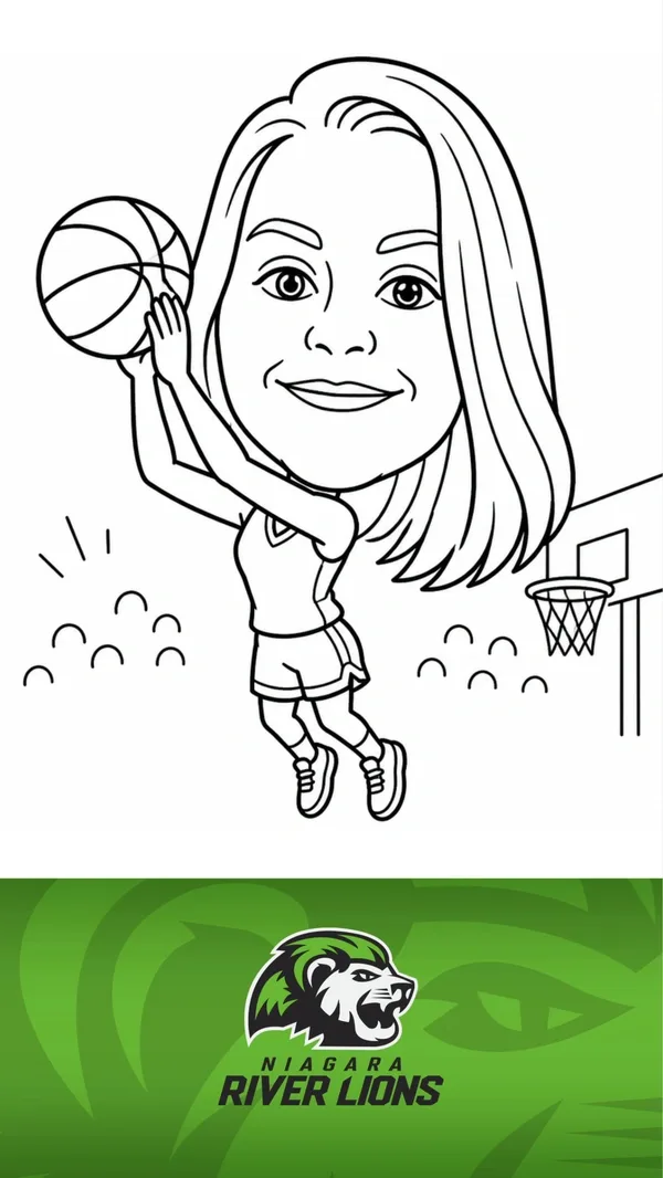 Draw Bot caricature of a guest going up for a layup, printed on a Niagara River Lions card at the Meridian Centre in St. Catharines