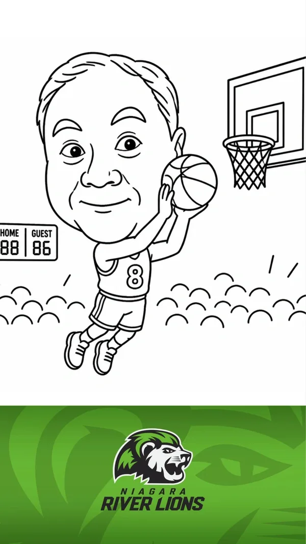 Draw Bot caricature of a guest dunking past the scoreboard on a Niagara River Lions card, drawn live at the Meridian Centre