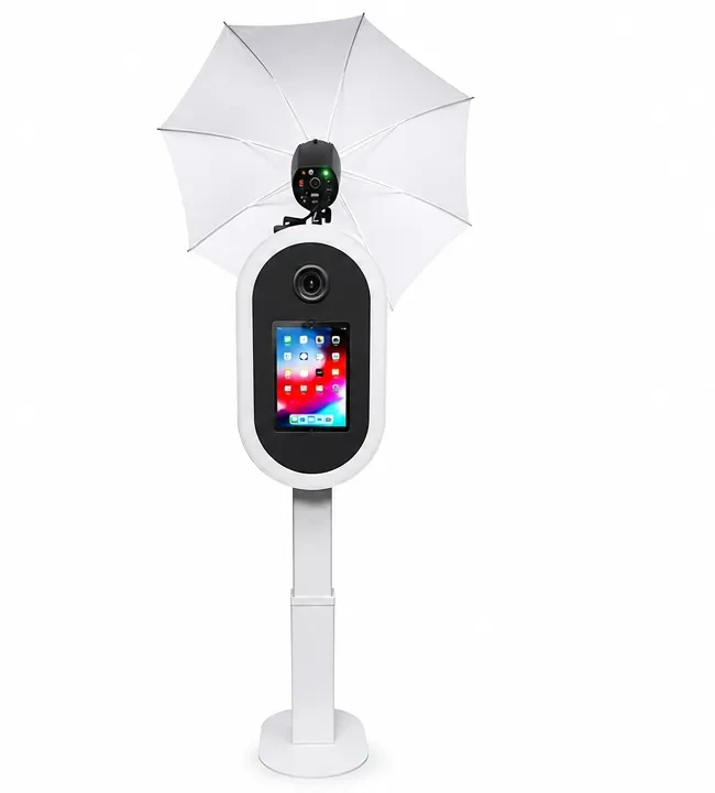 The DSLR photo booth tower — camera, studio umbrella strobe and touchscreen