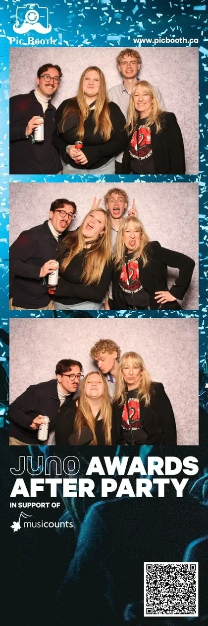 Classic 2×6 photo strip, four frames of a mixed group of guests at a Niagara event