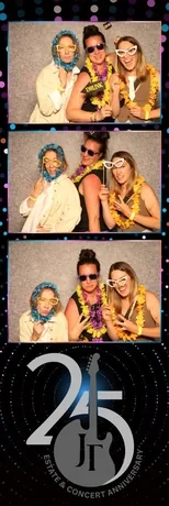 Three friends with tropical leis and props on a Pic Booth photo strip at the Jackson-Triggs Summer Concert Series