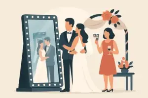 Bride and groom posing at a full-length magic mirror photo booth at a Niagara wedding while a guest holds printed photo strips
