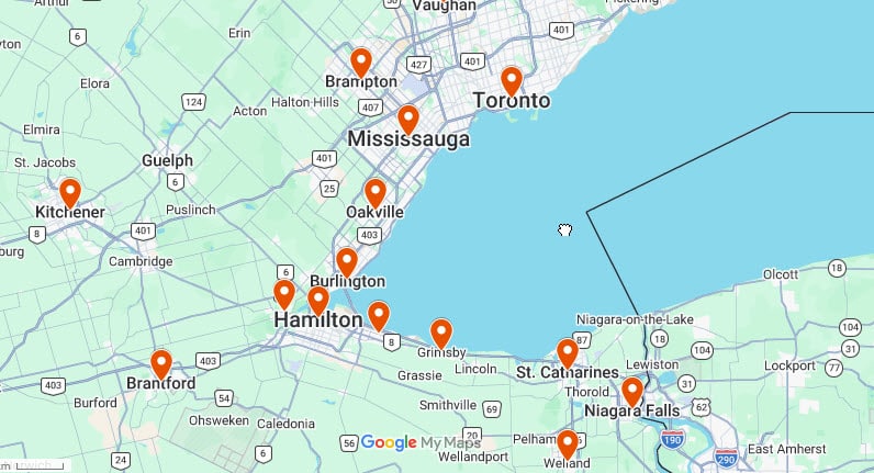 Map of Pic Booth photo booth service area across the Niagara Region Ontario