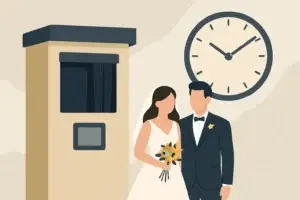 Illustrated bride and groom standing beside a wedding photo booth with a large clock, representing rental timing planning in Niagara