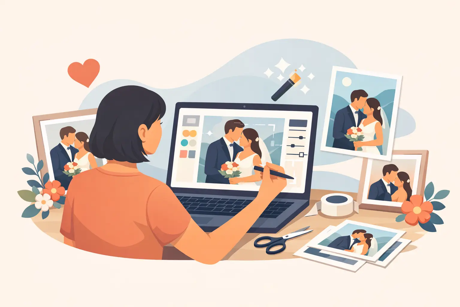 Bride-to-be customizing wedding photo prints on a laptop with colour palettes and printed couple photos spread across her desk, ideal for Niagara weddings