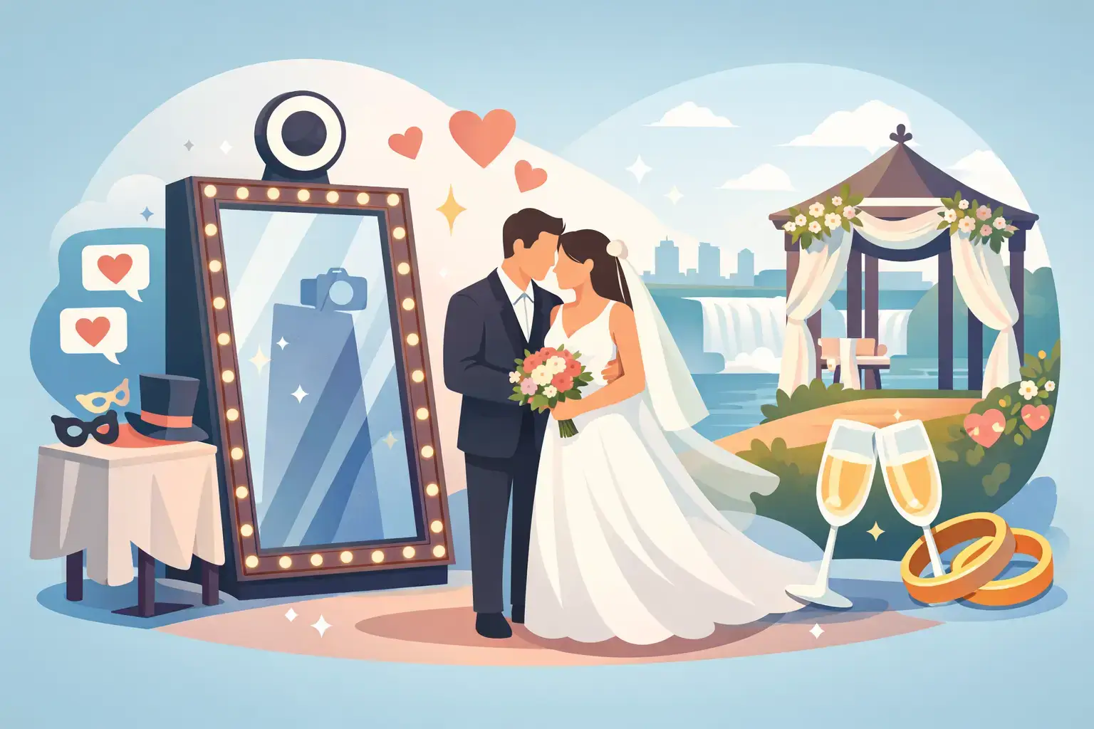 Bride and groom posing beside a glowing marquee mirror photo booth at a Niagara wedding with waterfall backdrop and champagne