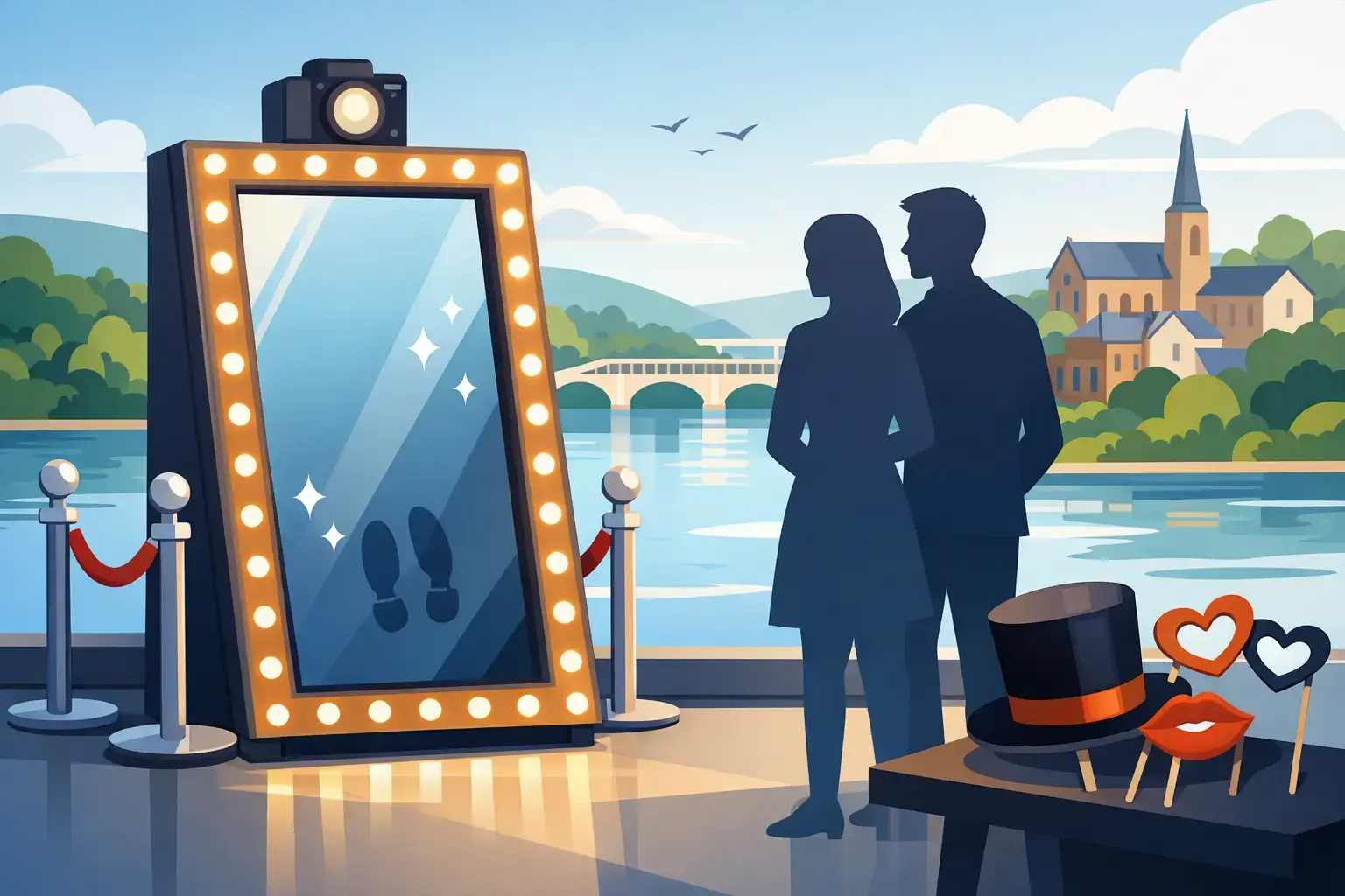 Couple silhouette beside a marquee-lit mirror photo booth with props, set against a St. Catharines waterfront backdrop