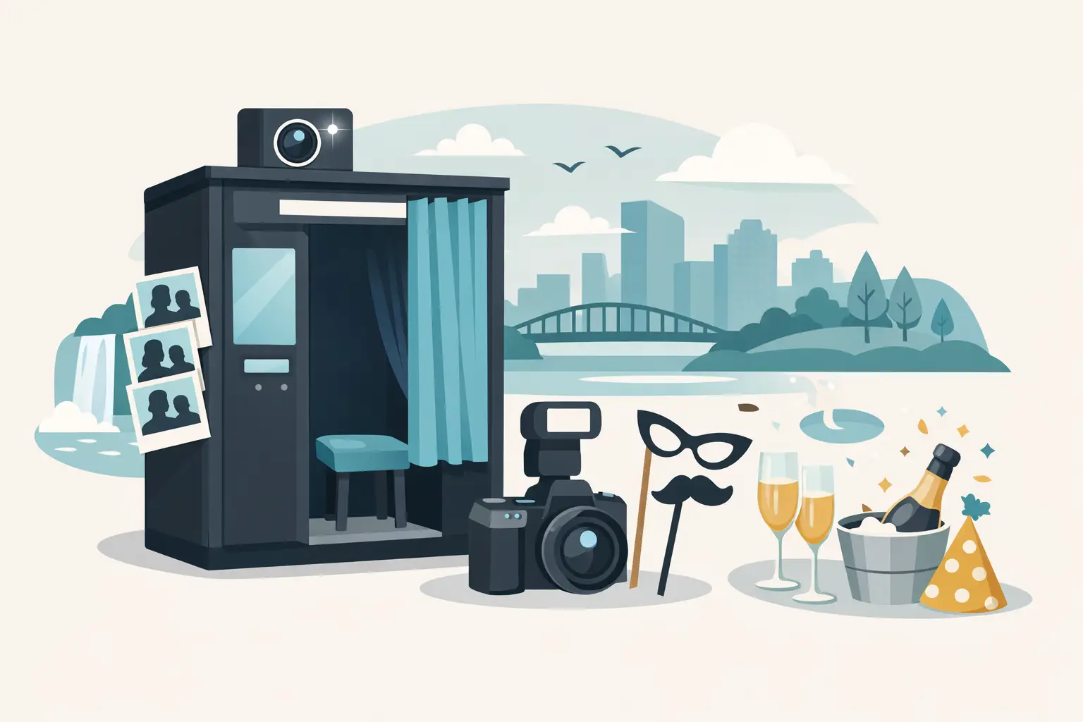 Enclosed photo booth with printed strips, props, camera, and champagne against a St. Catharines cityscape backdrop for weddings and events
