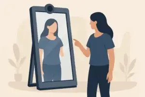 Woman touching the screen of a full-length magic mirror photo booth, illustrating the interactive experience available at Niagara events