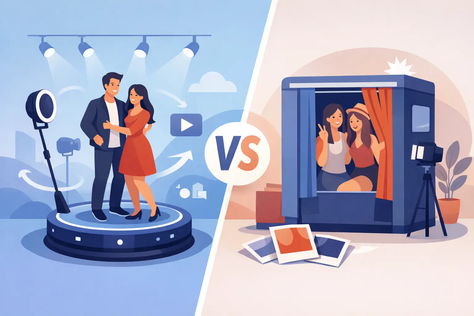 Side-by-side illustration comparing a 360 video booth with a spinning platform and a classic enclosed photo booth with printed keepsakes, ideal for Niagara weddings and corporate events