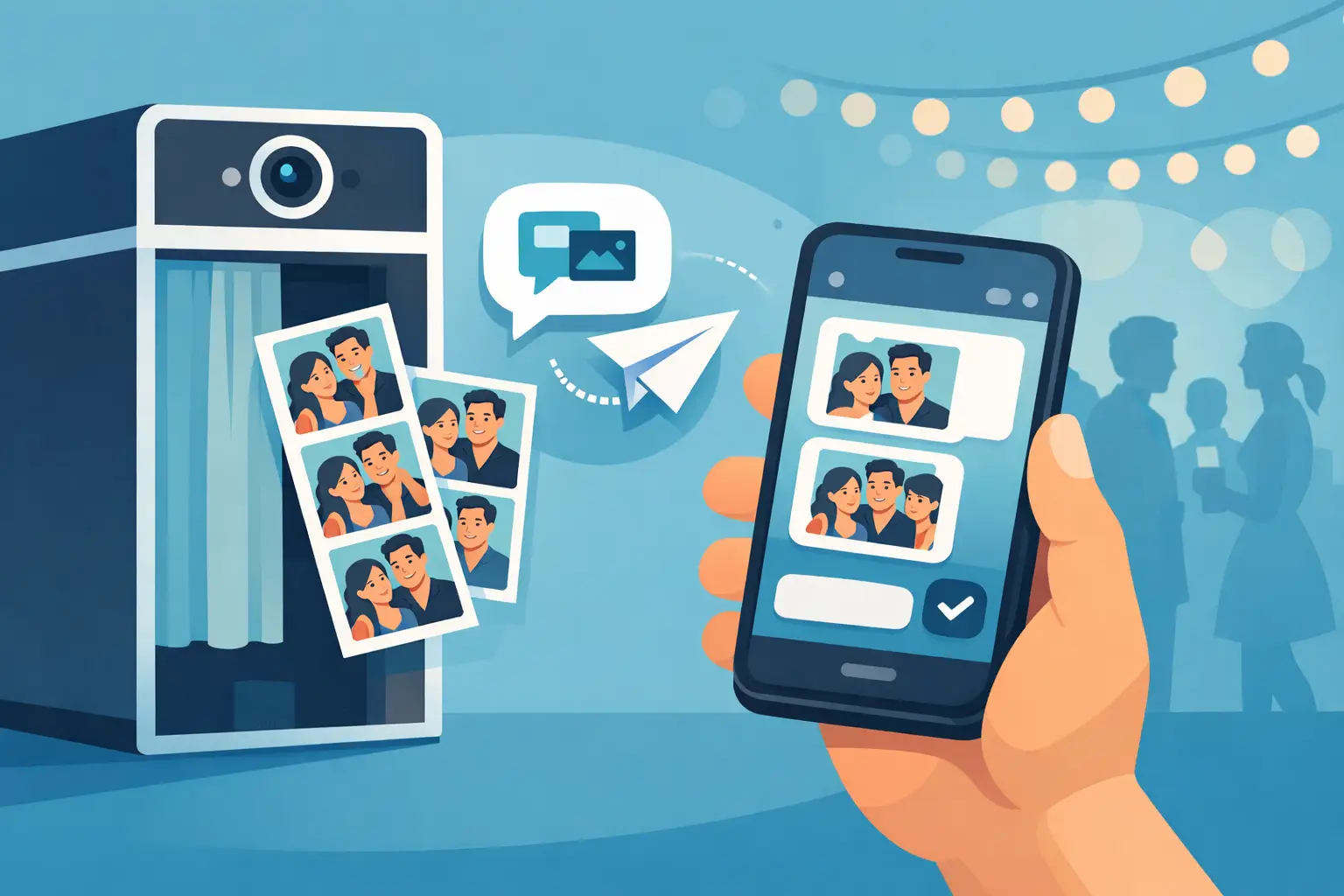 Guest receiving photo booth photos via text message on smartphone at a Niagara wedding or corporate event