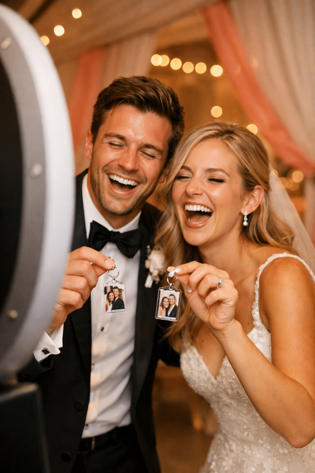 Bride and groom laughing while holding their custom photo keychains