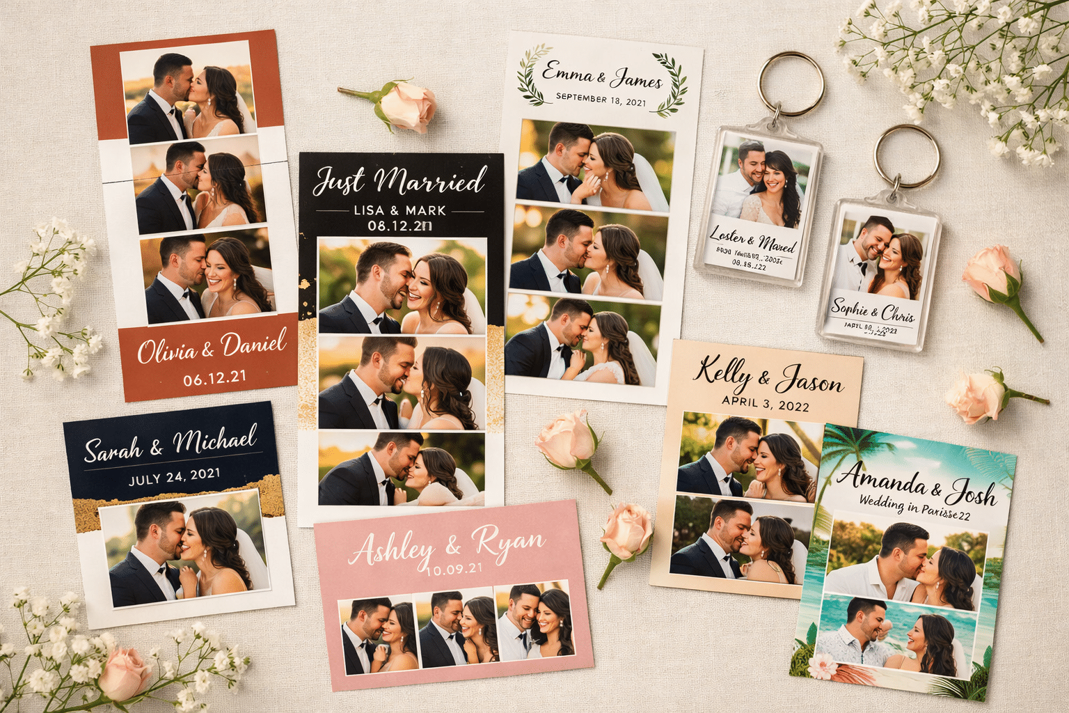 Flat lay of various custom keychain designs showing different colors and templates