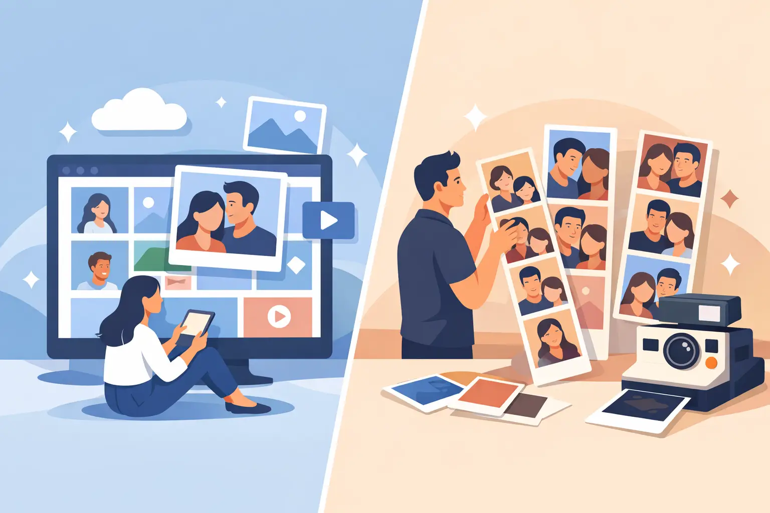 Split illustration comparing a digital photo gallery on screen with printed photo booth strips held by a guest at a Niagara event