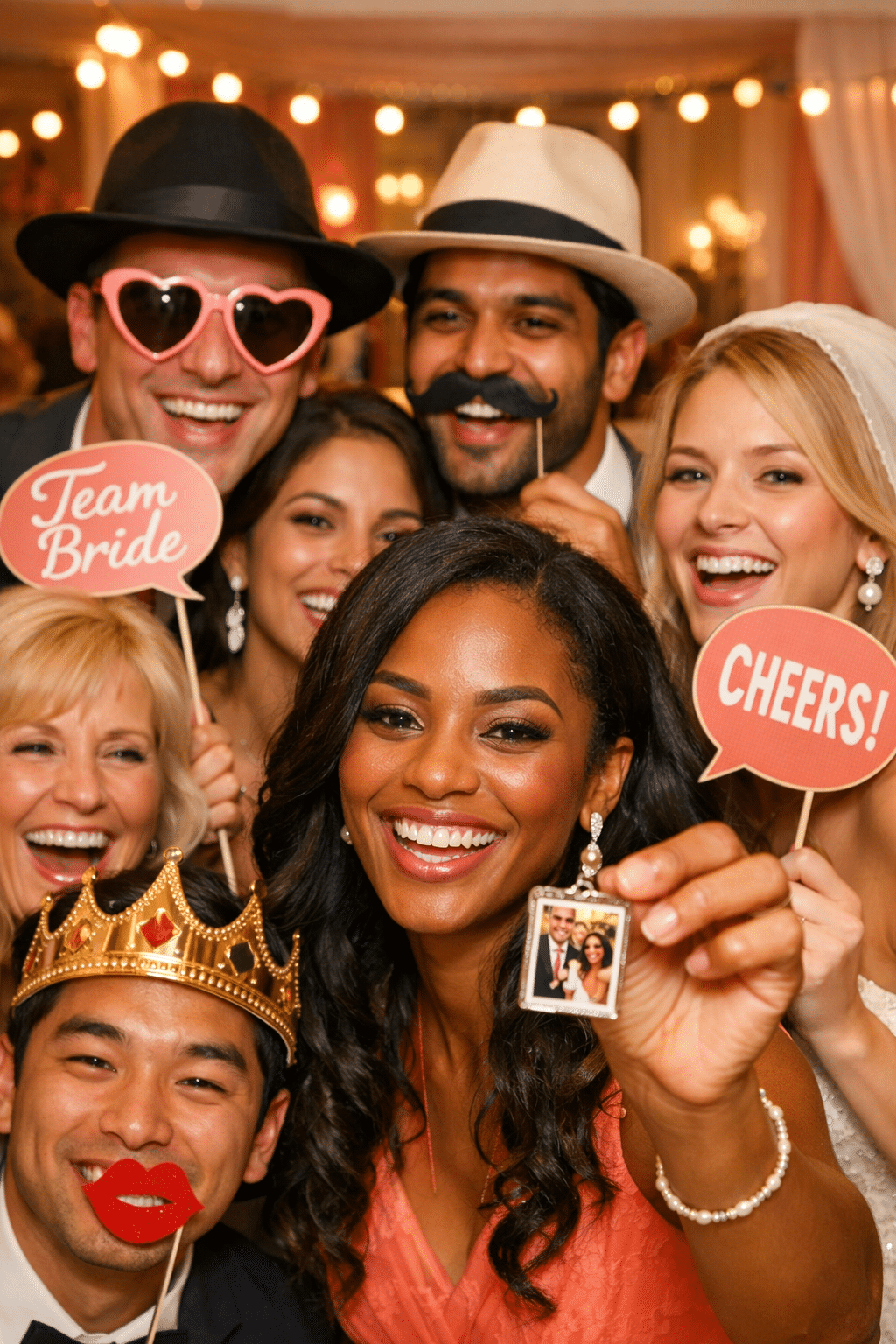 Diverse group of wedding guests laughing and posing with props at a Pic Booth photo station