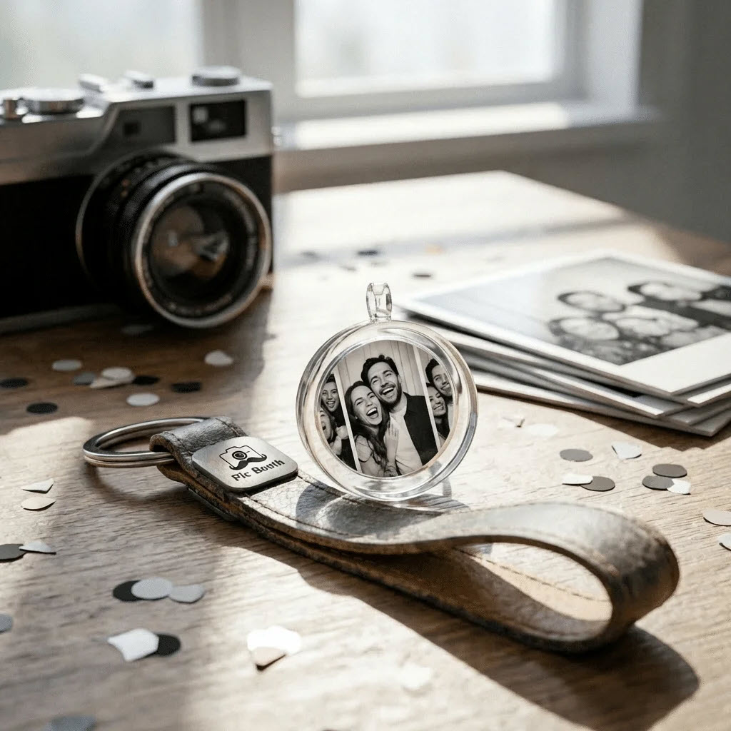 Photo booth keychain station — custom photo keychains for weddings and events by Pic Booth St. Catharines
