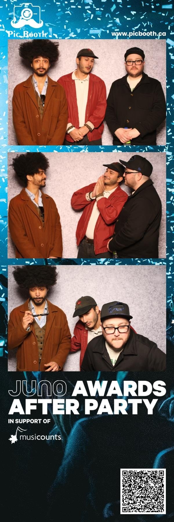 Trio of guests posing at the Pic Booth photo booth at the JUNO Awards After Party — Hamilton, Ontario