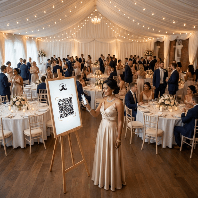 Wedding guest scanning a Pic Booth One QR code at the reception to access the seating chart and photo gallery.