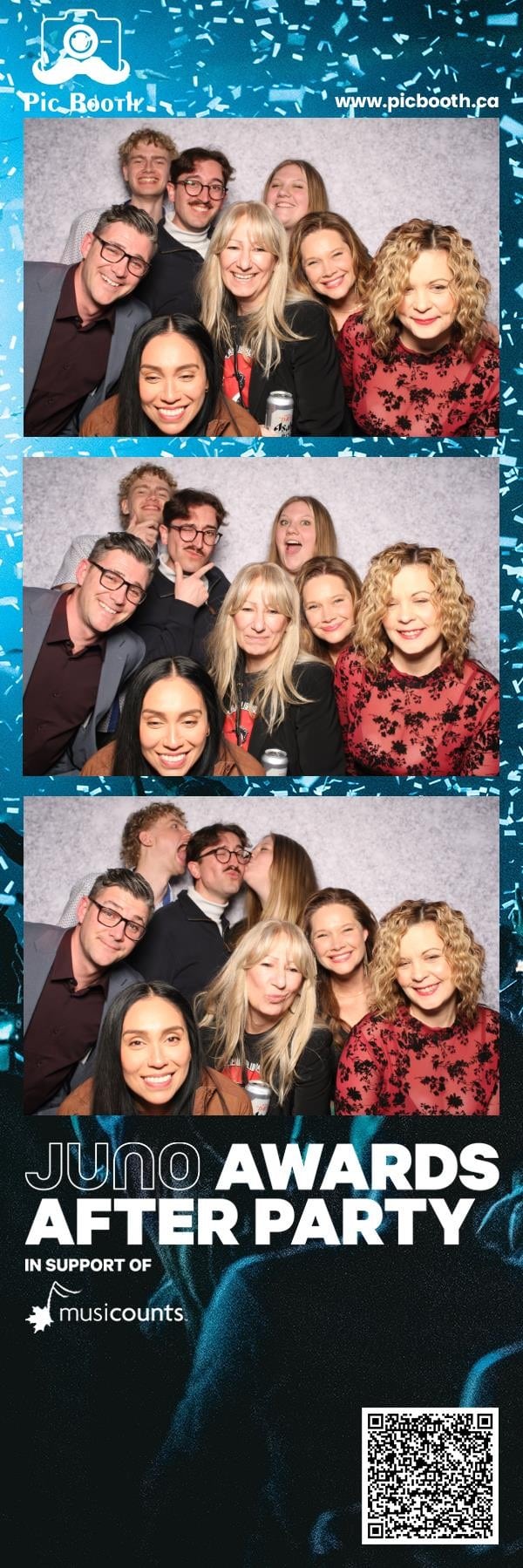 Large group photo at JUNO Awards After Party featuring MusiCounts staff and JUNO guests in Pic Booth's custom-branded photo booth