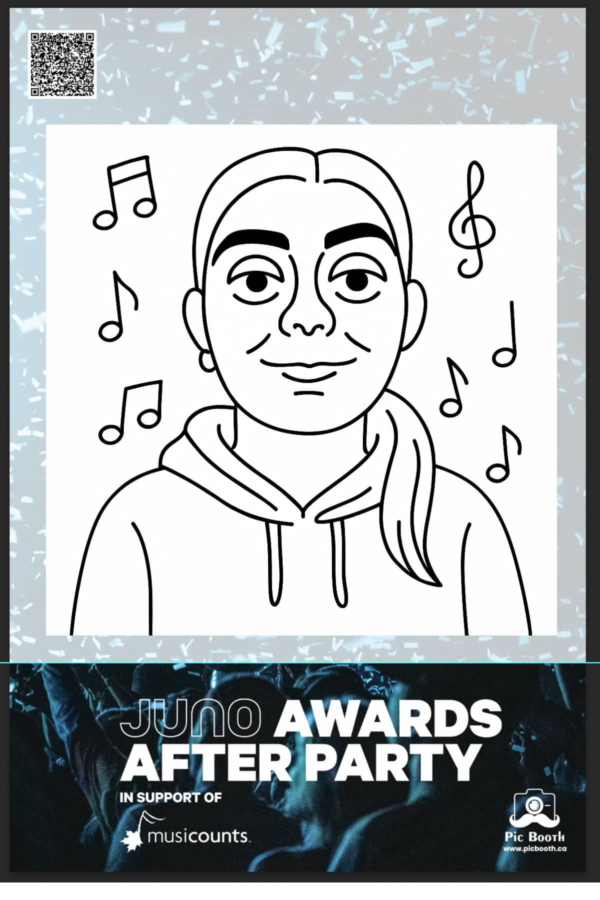 Branded Draw Bot portrait print from 2026 JUNO Awards Official After Party with music notes, treble clef, and official JUNO and MusiCounts branding by Pic Booth