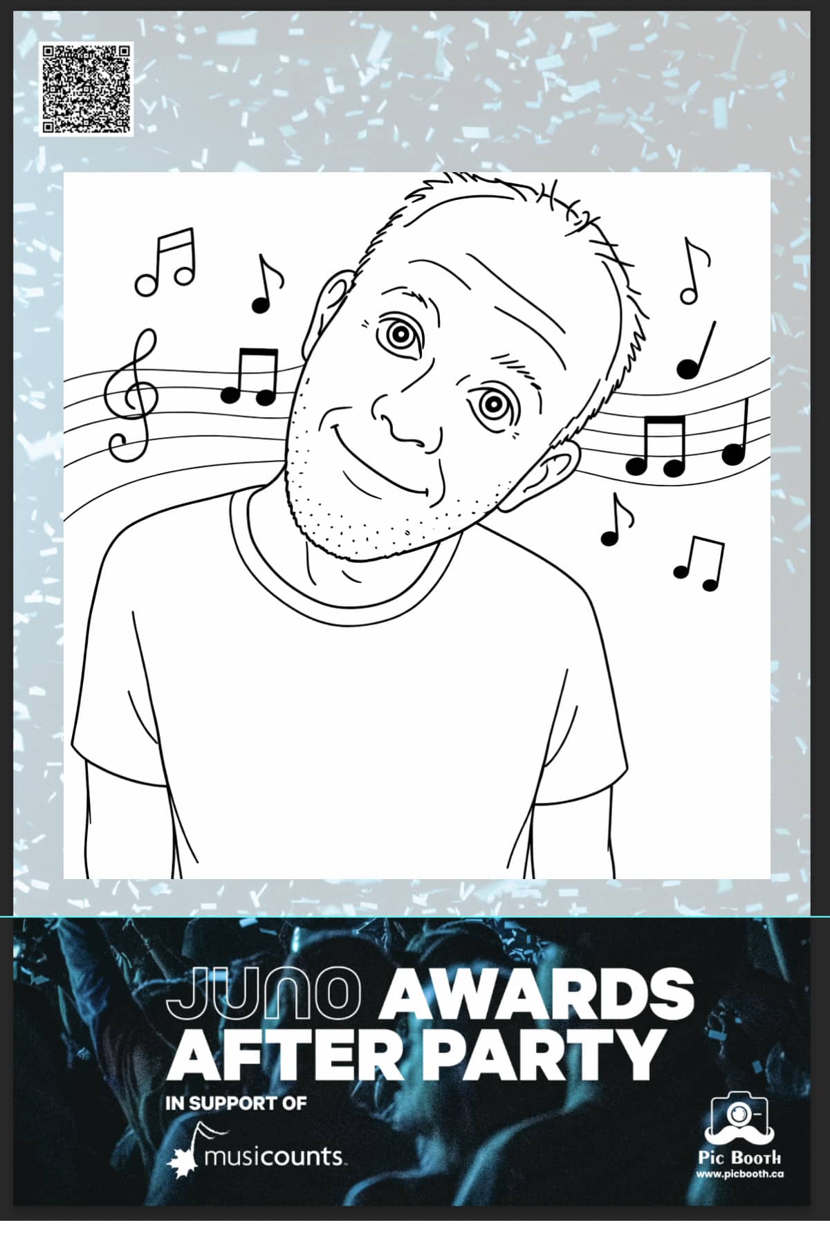 Branded Draw Bot portrait from JUNO Awards Official After Party in support of MusiCounts showing a guest with music staff and notes, delivered by Pic Booth