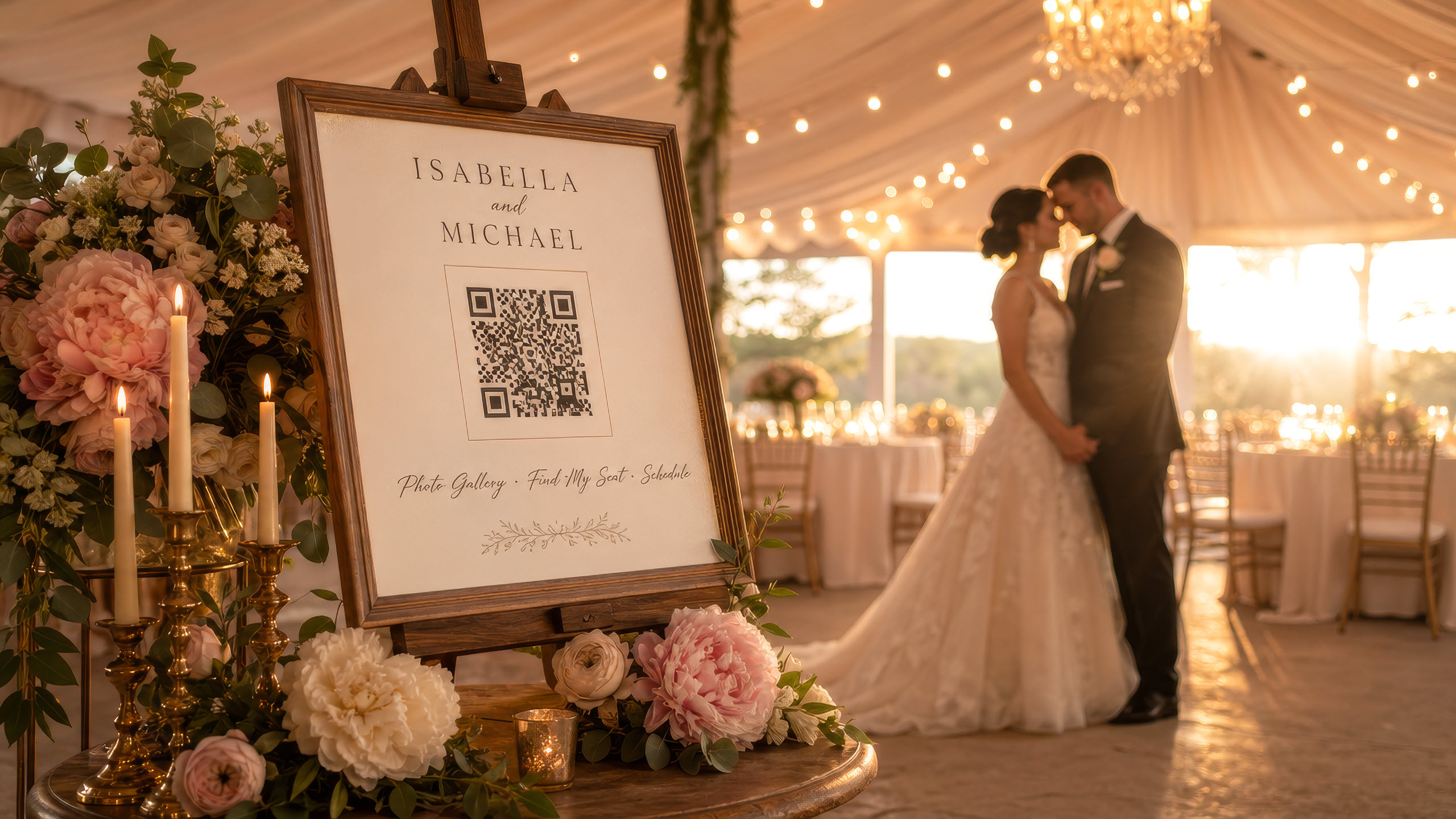 Couple at golden hour using Pic Booth One's wedding QR code at a St. Catharines wedding — one scan for photos, seating, and song requests