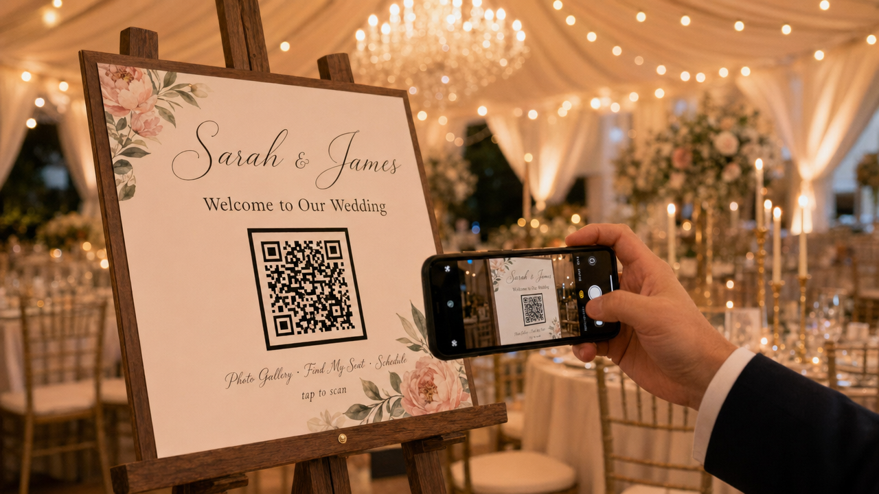 Wedding guest scanning a Pic Booth One QR code at the welcome table — the sign displays photo gallery, find my seat, and schedule access behind one code.
