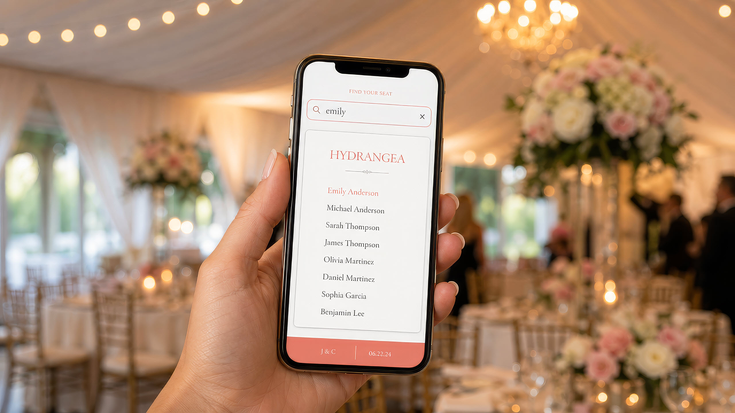 Wedding guest using Pic Booth One Find My Seat to locate her table and see fellow guests at an elegant tent wedding reception.