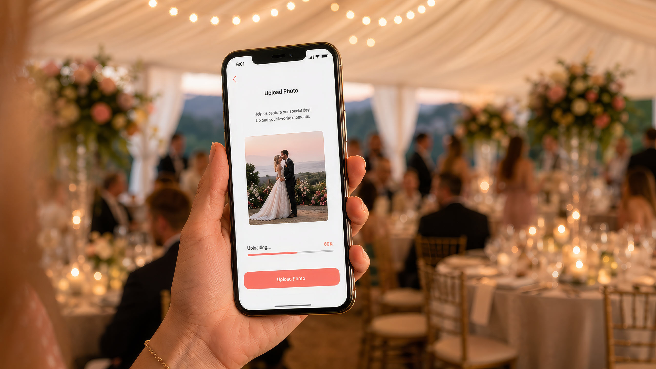 Wedding guest uploading photos to the Pic Booth One private wedding gallery from her phone at a tent reception.