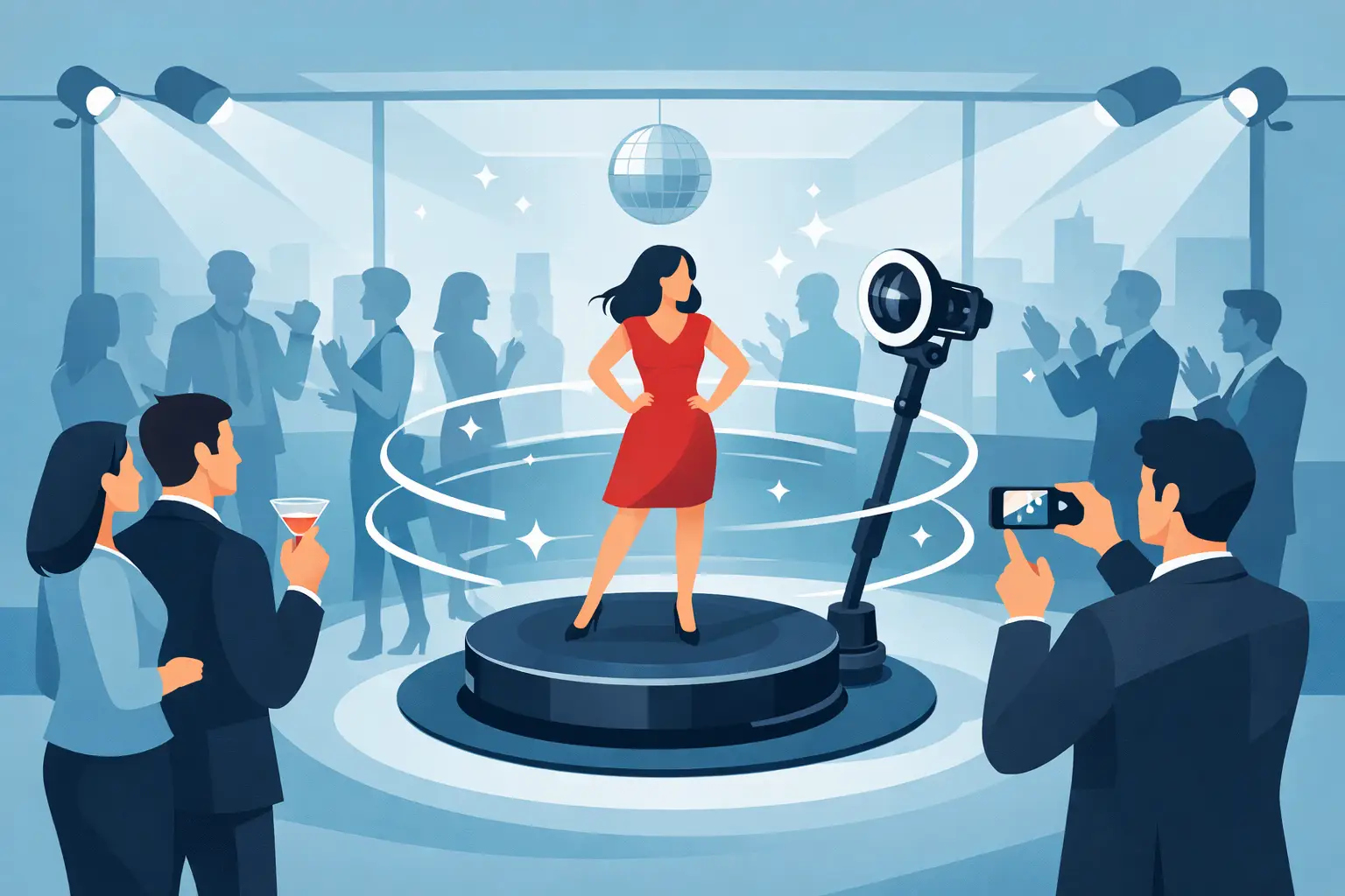 360 photo booth activation at a corporate cocktail event in the GTA with guests watching a woman pose on a rotating platform
