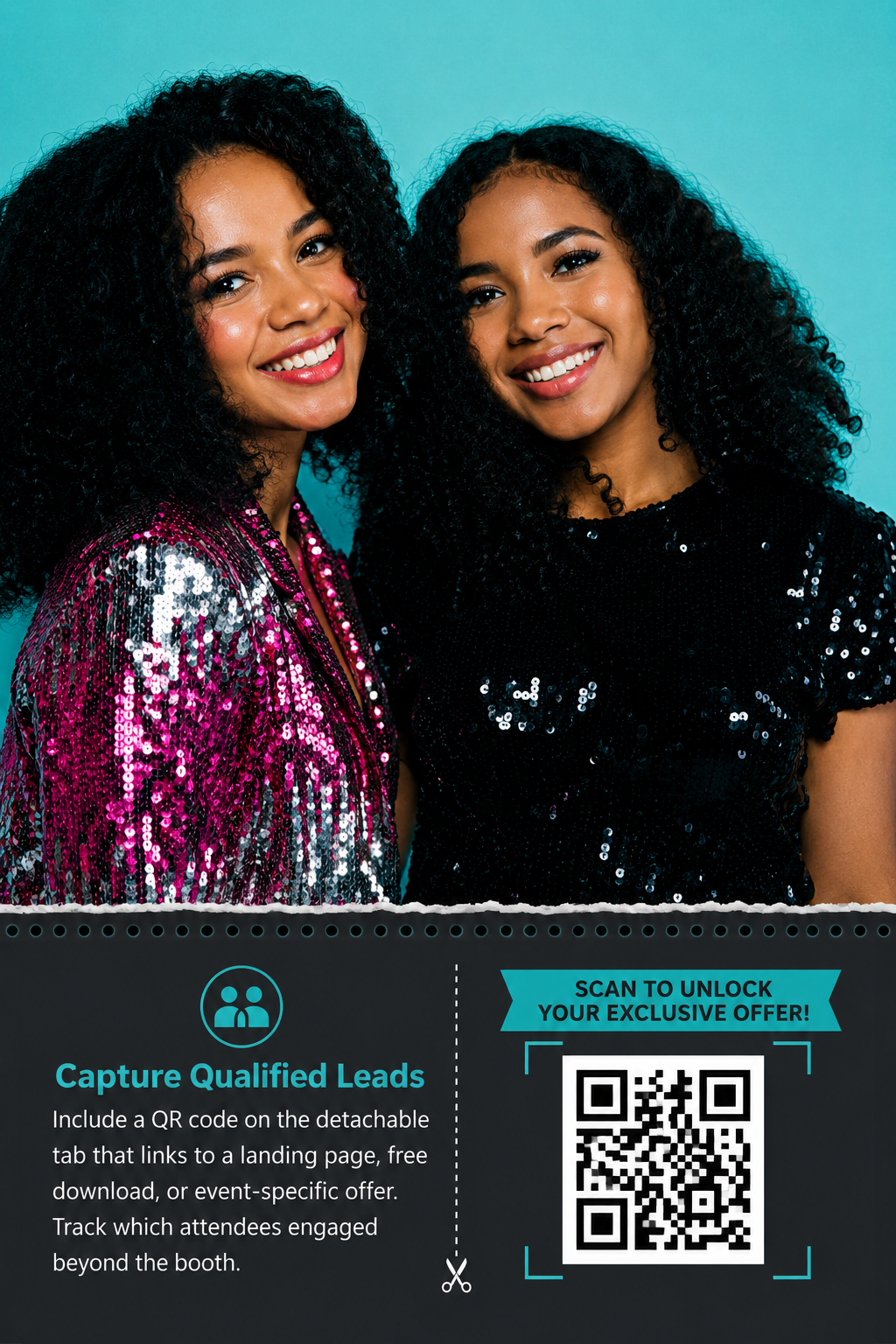 Perforated photo print with tear-off QR code linking to landing page