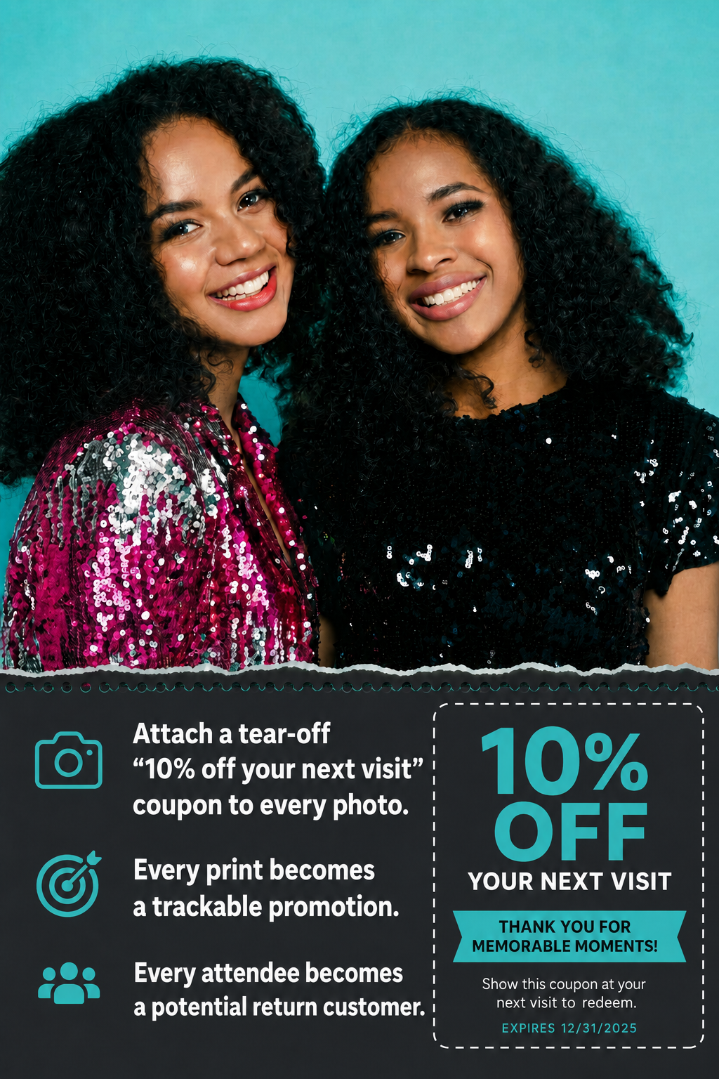 Perforated photo booth media with tear-off coupon section